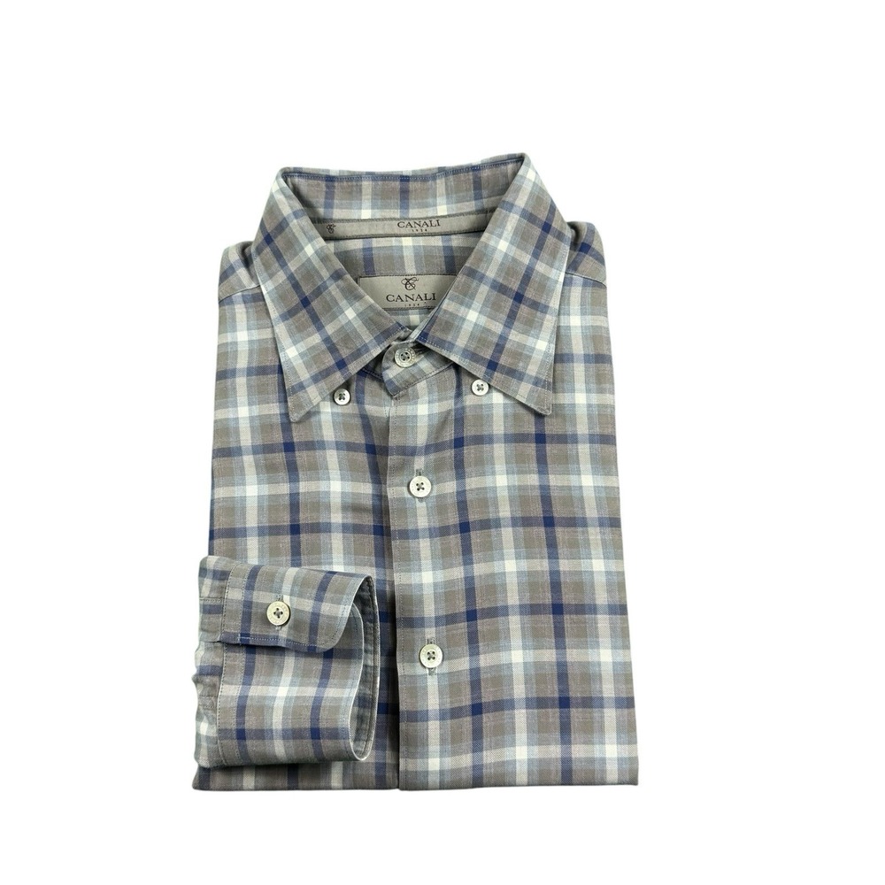 Canali 1934 Mens Gray Blue White Check Cotton Button Front Shirt Size L Italy